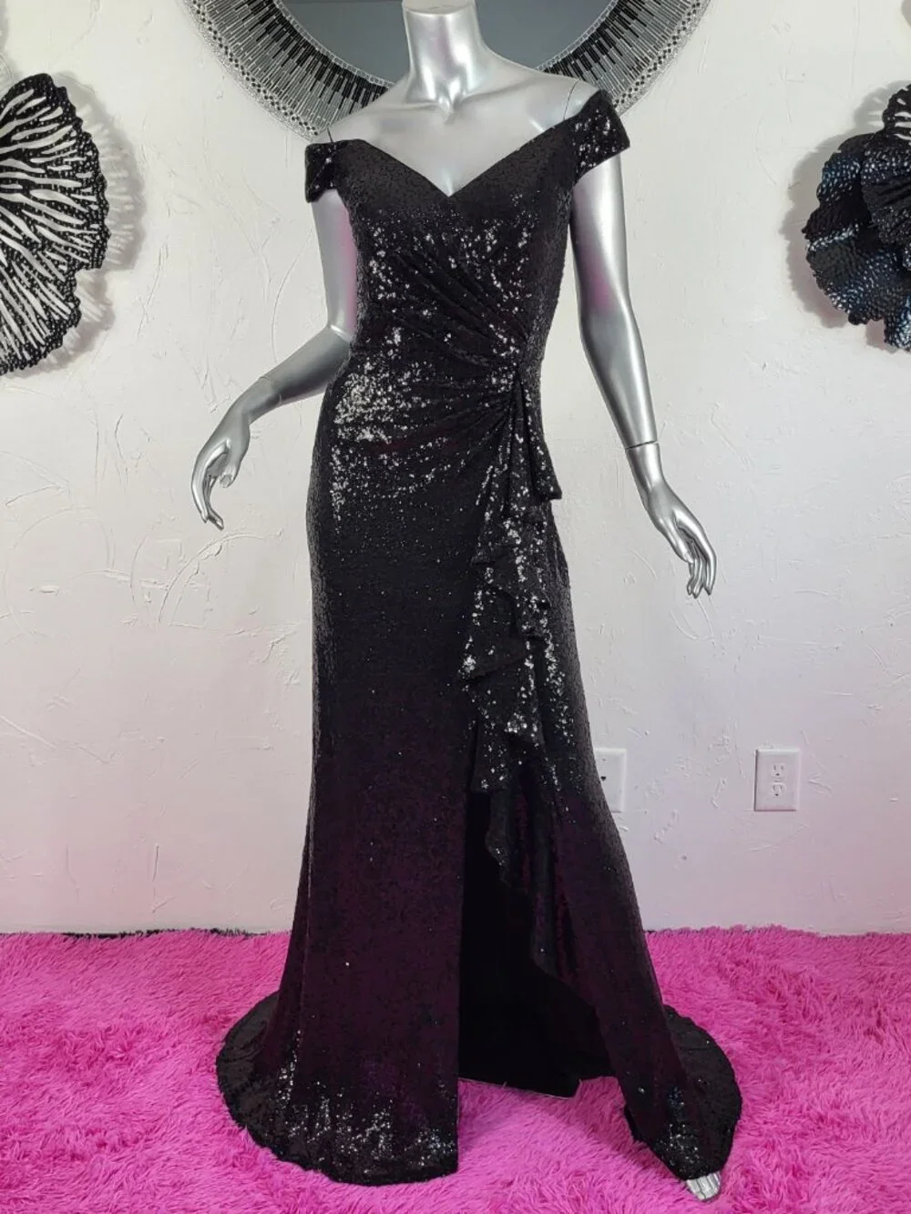 NWT~$595~TADASHI SHOJI~M~BLACK SEQUIN SLIT RUFFLE RUCHED PROM EVENING MAXI DRESS